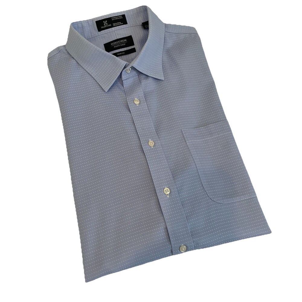 Nordstrom Men’s Dress Shirt Long Sleeve Blue Polka Dot Preppy Classic-17.5 36/37